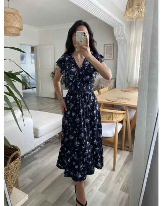 Kadın Kısa Kollu Kruvaze Yakalı Beli Lastikli çiçek Desenli Elbise