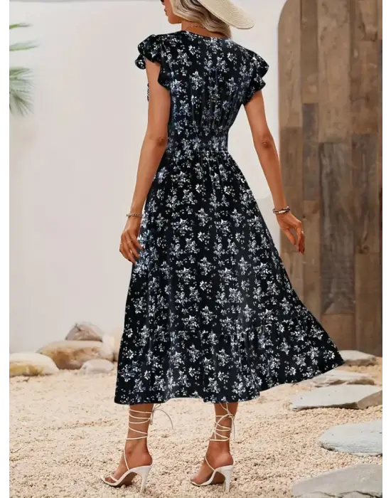 Omarı Çiçek Desenli Kruvaze Yakalı Elbise