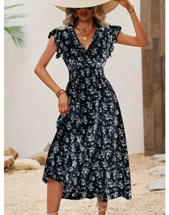 Kadın Kısa Kollu Kruvaze Yakalı Beli Lastikli çiçek Desenli Elbise