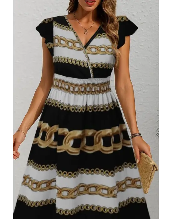 Kadın Kısa Kollu Kruvaze Yakalı Beli Lastikli Desenli Maksi Boy örme Krep Elbise