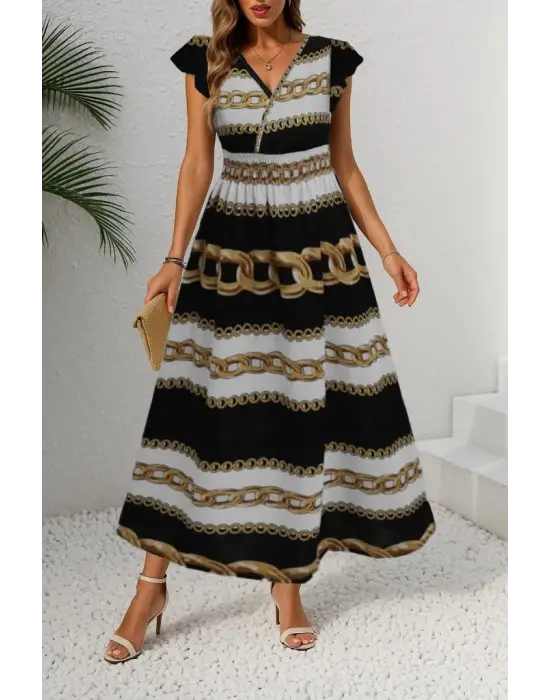 Omarı Kadın Desenli Maksi Elbise