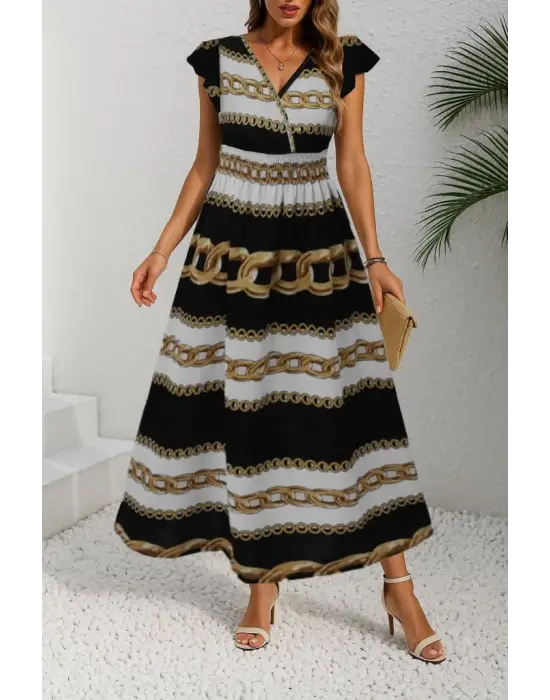 Kadın Kısa Kollu Kruvaze Yakalı Beli Lastikli Desenli Maksi Boy örme Krep Elbise