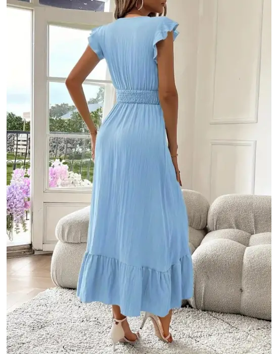 Kadın Kısa Kollu Kruvaze Yakalı Beli Lastikli Müslim Elbise