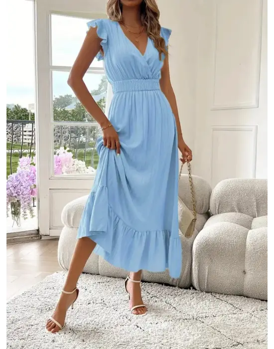 Kadın Kısa Kollu Kruvaze Yakalı Beli Lastikli Müslim Elbise