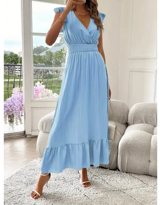 Kadın Kısa Kollu Kruvaze Yakalı Beli Lastikli Müslim Elbise