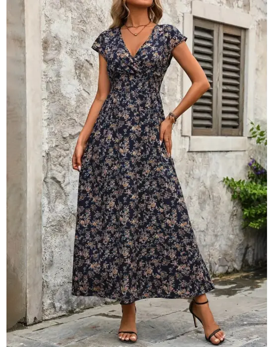 Kadın Kısa Kollu Kruvaze Yakalı çiçek Desenli Belden Lastikli Süprem Uzun Elbise