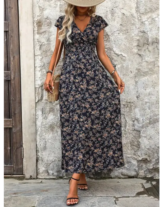 Omarı Çiçek Desenli Belden Lastikli Uzun Elbise