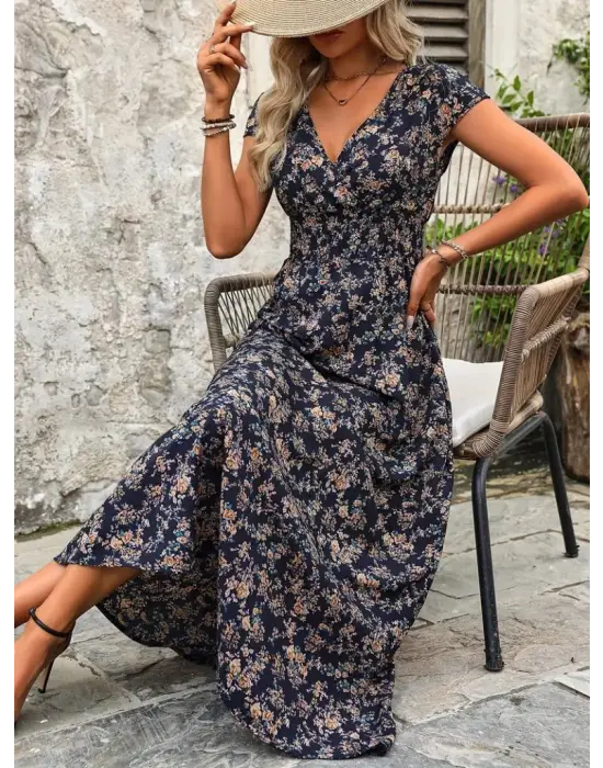 Kadın Kısa Kollu Kruvaze Yakalı çiçek Desenli Belden Lastikli Süprem Uzun Elbise