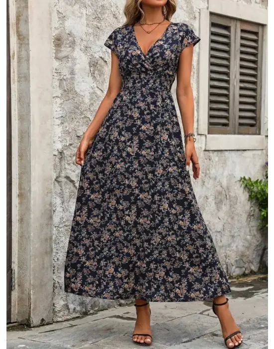 Kadın Kısa Kollu Kruvaze Yakalı çiçek Desenli Belden Lastikli Süprem Uzun Elbise
