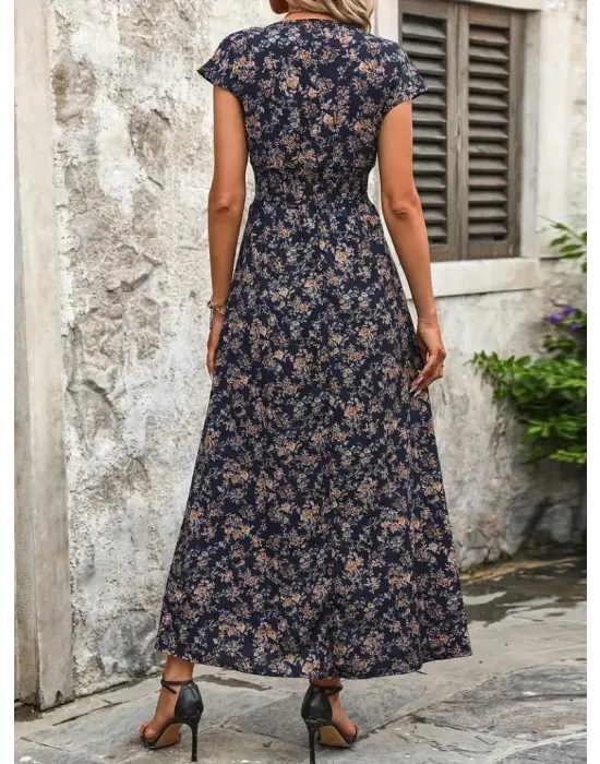 Omarı Çiçek Desenli Belden Lastikli Uzun Elbise