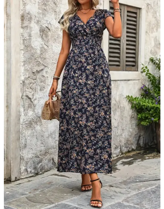 Kadın Kısa Kollu Kruvaze Yakalı çiçek Desenli Belden Lastikli Süprem Uzun Elbise