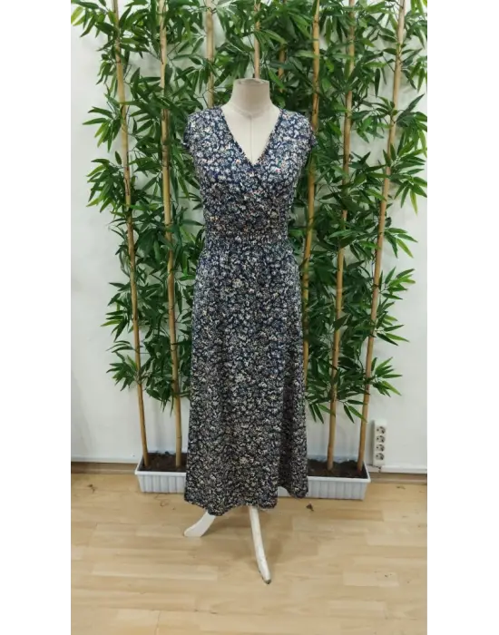 Kadın Kısa Kollu Kruvaze Yakalı çiçek Desenli Belden Lastikli Süprem Uzun Elbise