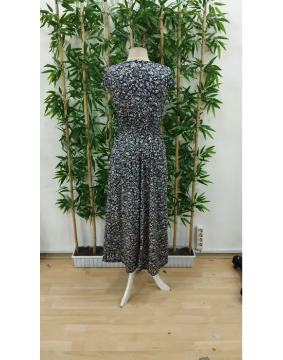 Kadın Kısa Kollu Kruvaze Yakalı çiçek Desenli Belden Lastikli Süprem Uzun Elbise