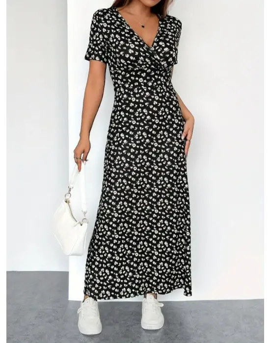 Kadın Kısa Kollu Kruvaze Yakalı çiçek Desenli Süprem Elbise