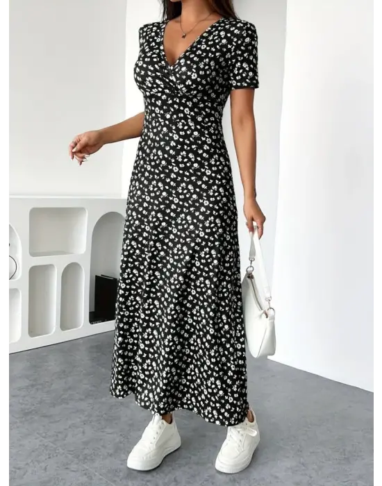 Omarı Çiçek Desenli Kısa Kollu Supreme Elbise