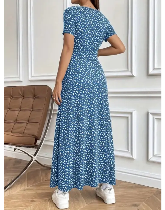 Kadın Kısa Kollu Kruvaze Yakalı çiçek Desenli Süprem Elbise