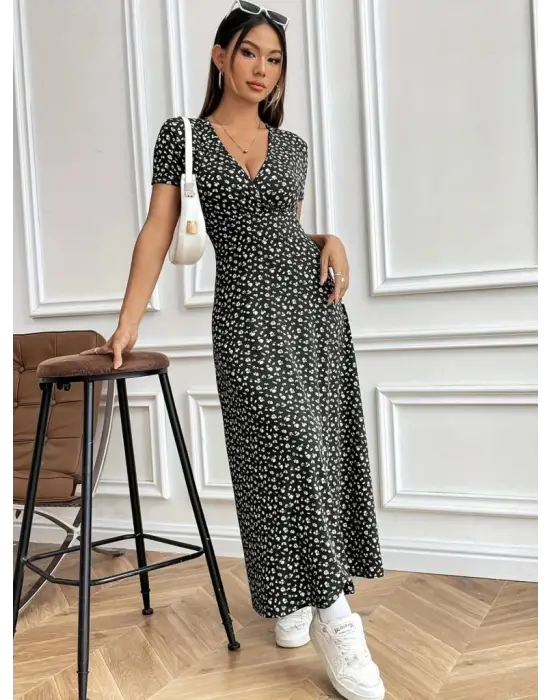 Kadın Kısa Kollu Kruvaze Yakalı çiçek Desenli Süprem Elbise