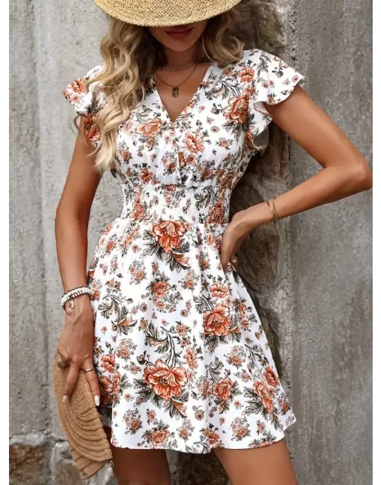 Omarı Şık Çiçek Desenli Kısa Kollu Elbise