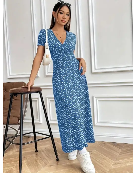 Kadın Kısa Kollu Kruvaze Yakalı çiçek Desenli Süprem Elbise