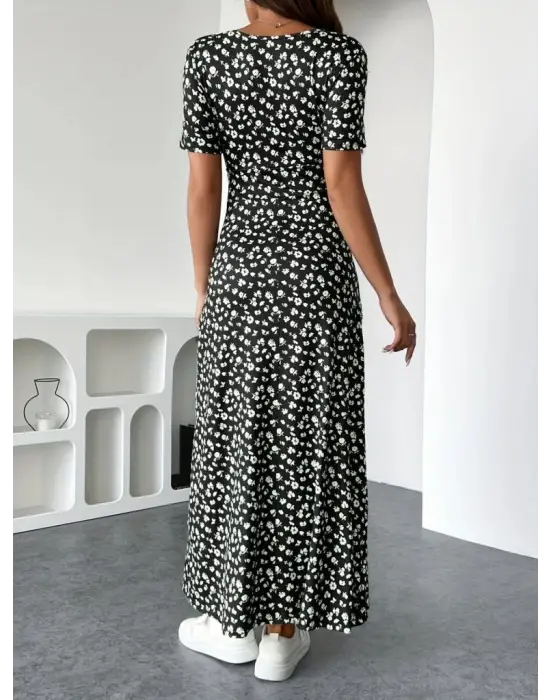 Kadın Kısa Kollu Kruvaze Yakalı çiçek Desenli Süprem Elbise