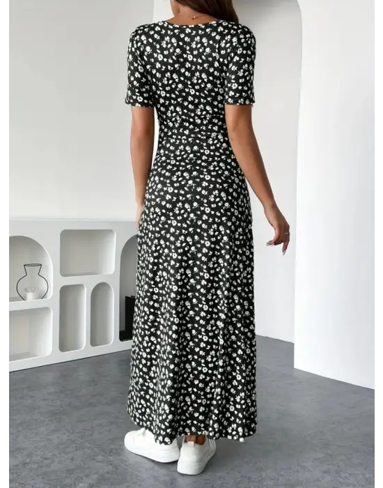 Omarı Çiçek Desenli Kısa Kollu Supreme Elbise