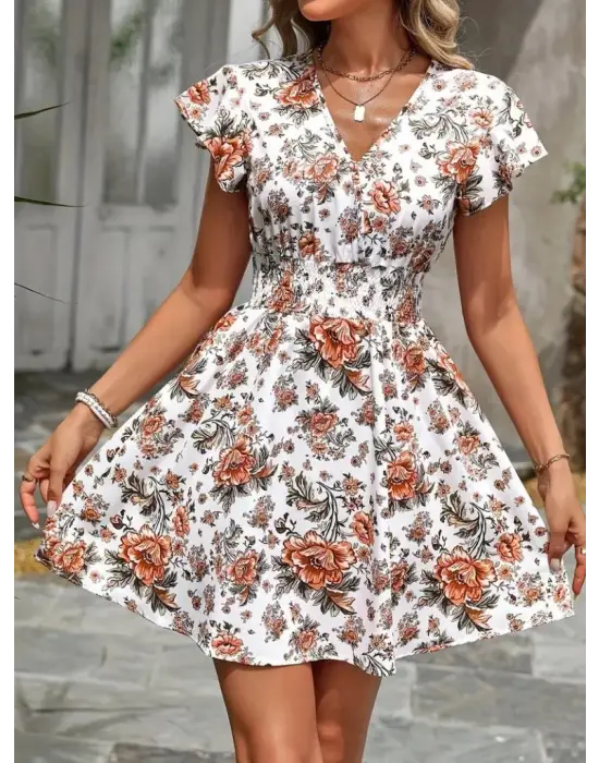 Omarı Şık Çiçek Desenli Kısa Kollu Elbise