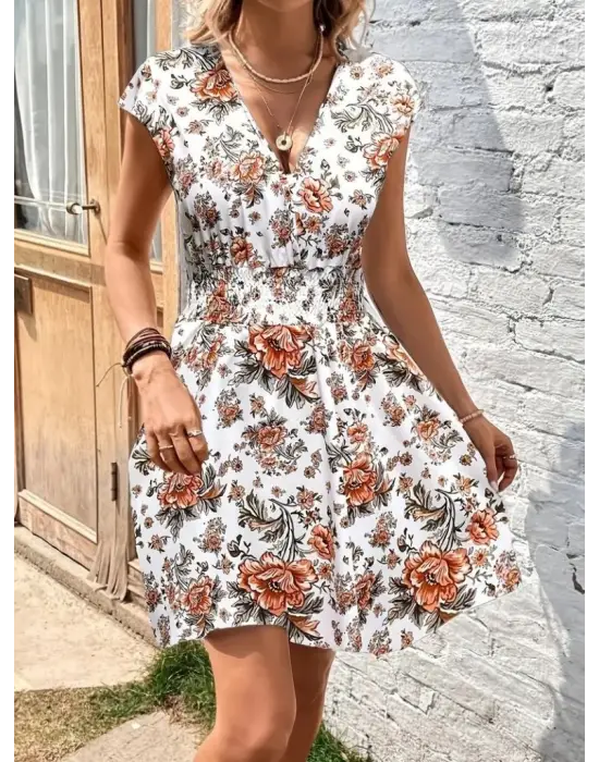 Kadın Kısa Kollu Kruvaze Yakalı çiçekli Desenli Süprem Elbise