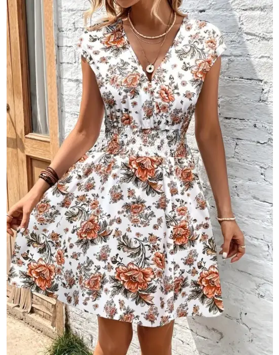 Kadın Kısa Kollu Kruvaze Yakalı çiçekli Desenli Süprem Elbise