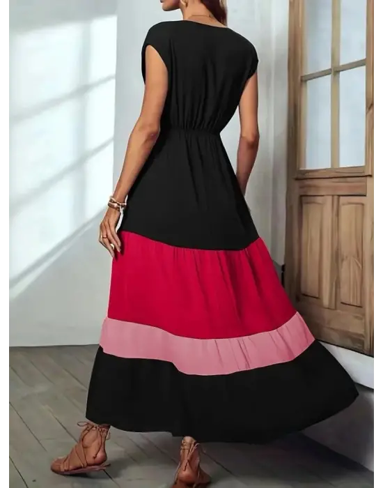 Omarı Çok Renkli Kısa Kollu Kruvaze Yakalı Elbise