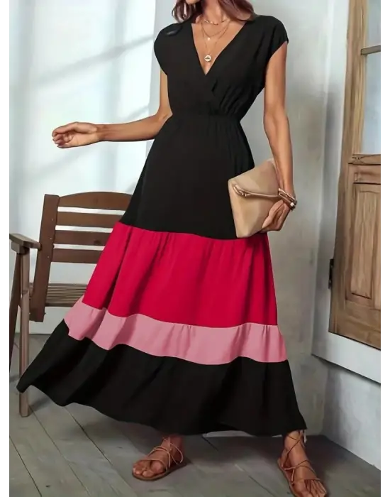 Kadın Kısa Kollu Kruvaze Yakalı çok Renkli Aerobin Elbise