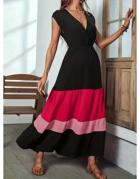 Omarı Çok Renkli Kısa Kollu Kruvaze Yakalı Elbise