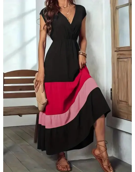 Omarı Çok Renkli Kısa Kollu Kruvaze Yakalı Elbise