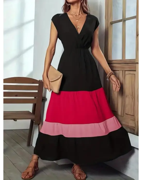 Kadın Kısa Kollu Kruvaze Yakalı çok Renkli Aerobin Elbise