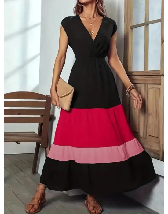 Omarı Çok Renkli Kısa Kollu Kruvaze Yakalı Elbise