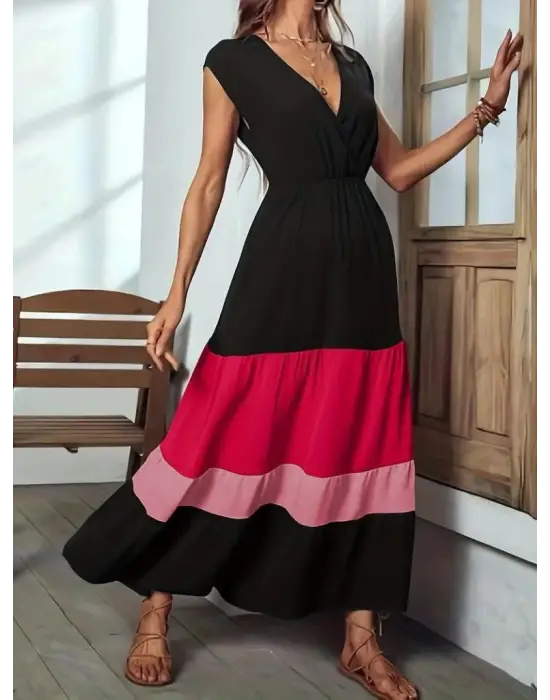 Kadın Kısa Kollu Kruvaze Yakalı çok Renkli Aerobin Elbise