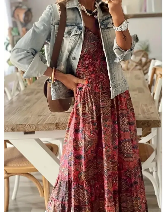 Kadın Kısa Kollu Kruvaze Yakalı Desenli Maksi Boy Süprem Elbise