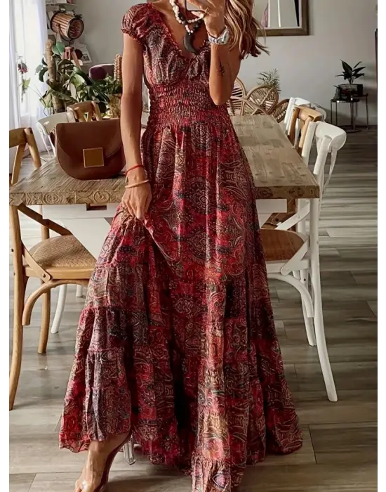 Kadın Kısa Kollu Kruvaze Yakalı Desenli Maksi Boy Süprem Elbise