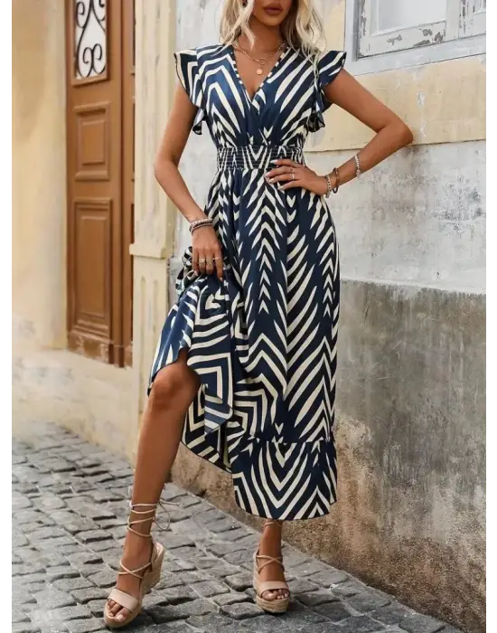 Kadın Kısa Kollu Kruvaze Yakalı Fırfırlı Süprem Elbise