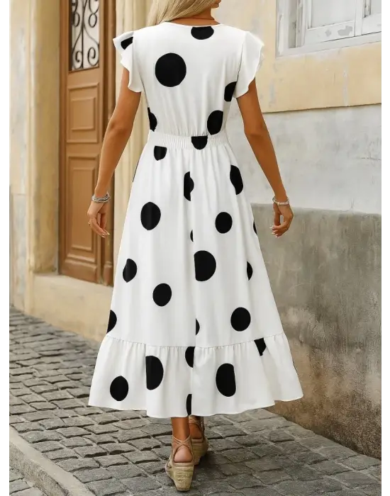 Omarı Fırfırlı Kruvaze Yakalı Elbise