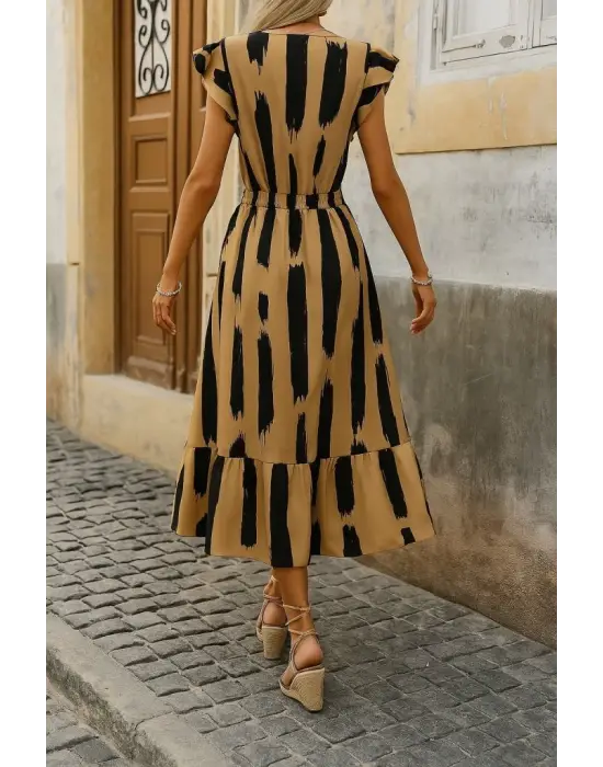 Kadın Kısa Kollu Kruvaze Yakalı Fırfırlı Süprem Elbise