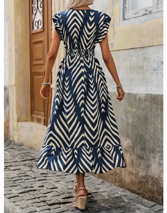 Kadın Kısa Kollu Kruvaze Yakalı Fırfırlı Süprem Elbise