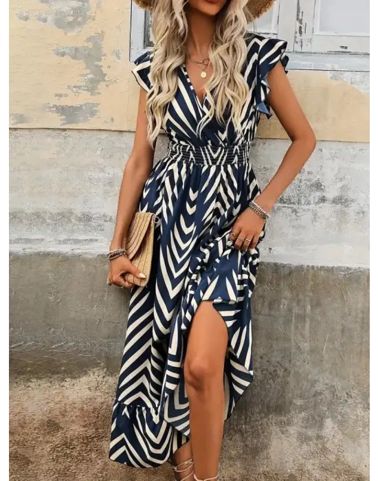 Kadın Kısa Kollu Kruvaze Yakalı Fırfırlı Süprem Elbise