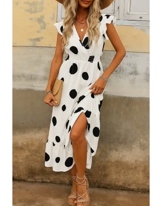 Omarı Fırfırlı Kruvaze Yakalı Elbise