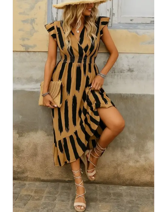 Kadın Kısa Kollu Kruvaze Yakalı Fırfırlı Süprem Elbise