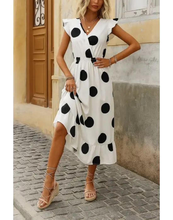 Omarı Fırfırlı Kruvaze Yakalı Elbise