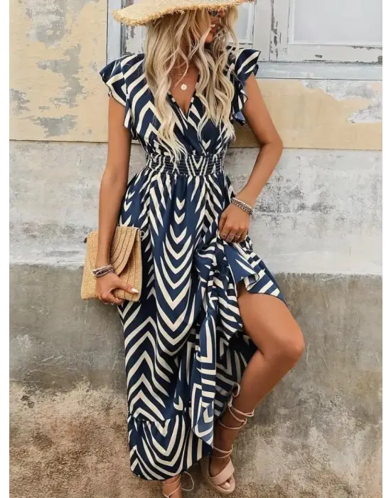 Kadın Kısa Kollu Kruvaze Yakalı Fırfırlı Süprem Elbise