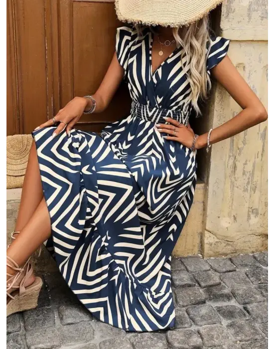 Kadın Kısa Kollu Kruvaze Yakalı Fırfırlı Süprem Elbise