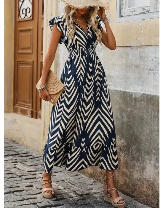 Kadın Kısa Kollu Kruvaze Yakalı Fırfırlı Süprem Elbise