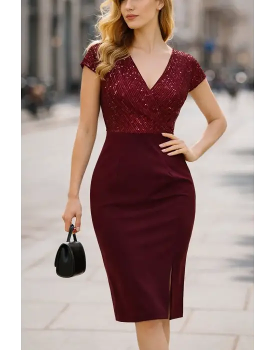 Kadın Kısa Kollu Kruvaze Yakalı ışıltı Detaylı Midi Ithal Krep Elbise