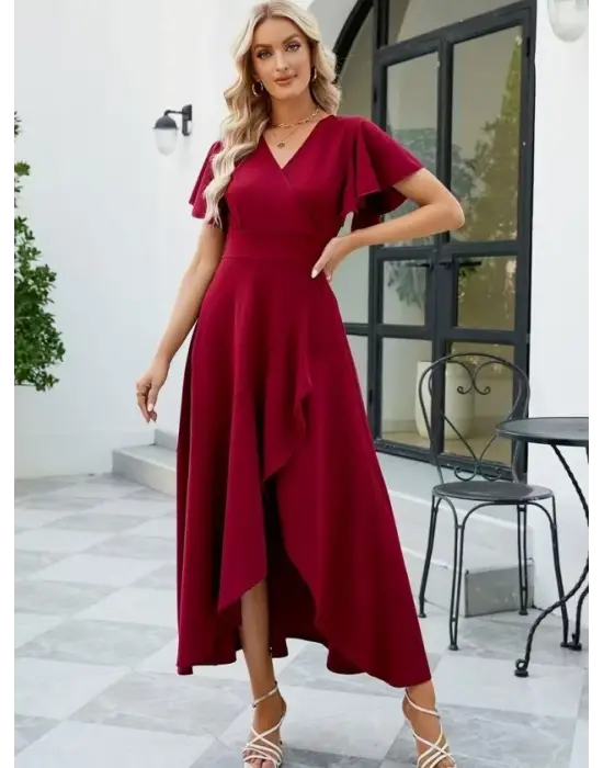 Kadın Kısa Kollu Kruvaze Yakalı ön Asimetrik Volanlı Uzun Ithal Krep Elbise